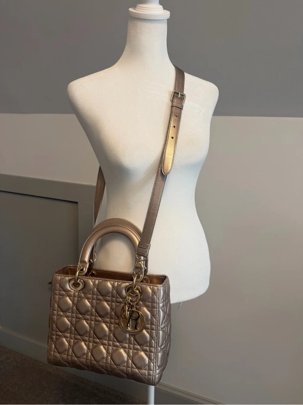 Christian Dior Metallic Lambskin Cannage Medium Lady Dior Bag w/ COA